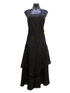 Inizio Linen Black Sleeveless Layered Asymmetrical Midi Dress Made In Italy L